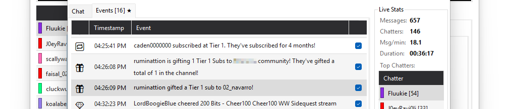 The Live Stream Monitor with the event acknowledgement column enabled, showing checkboxes next to subs, raids, and bits.