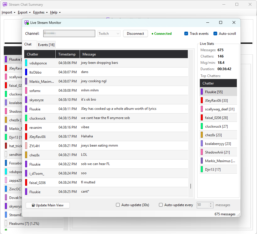 The Live Stream Monitor window with incoming messages and a live stats panel