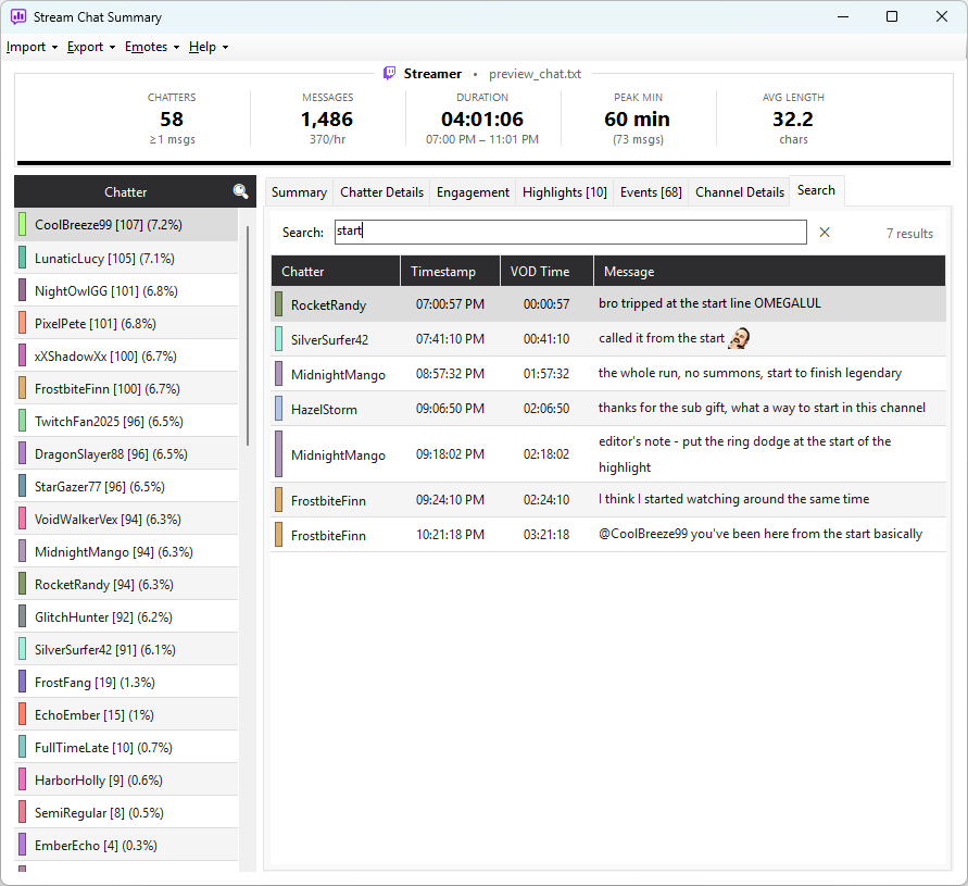 The Search tab showing a text box with a query and a results grid listing matching messages in timestamp order
